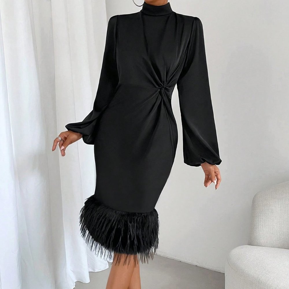 Black Preppy Womens Twist Front Fuzzy Trim Lantern Sleeve Dress - Picture 3 of 5